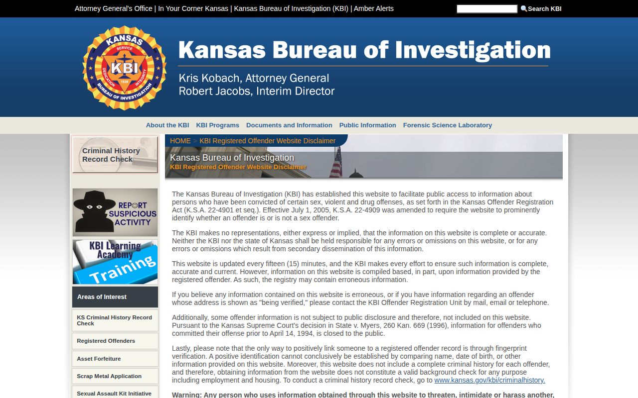 Kansas Bureau of Investigation registered offender search